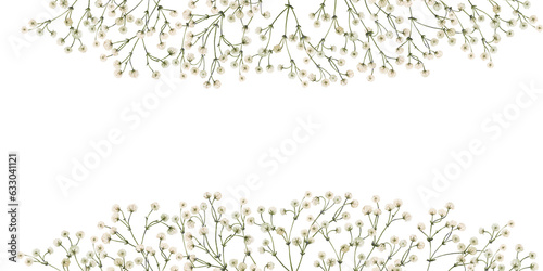 Frame design with watercolor white gypsophila flowers. Botanical flower illustration for postcards, greetings, invitations, banners with white empty space for your text. photo