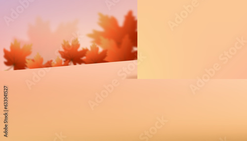 Studio background with Autumn leaves on beige wall.Vector Empty Product Display Podium with blurry Orange leaf,Backdrop Banner for Autumn, Fall Cosmetic, Skincare, Beauty Presentation