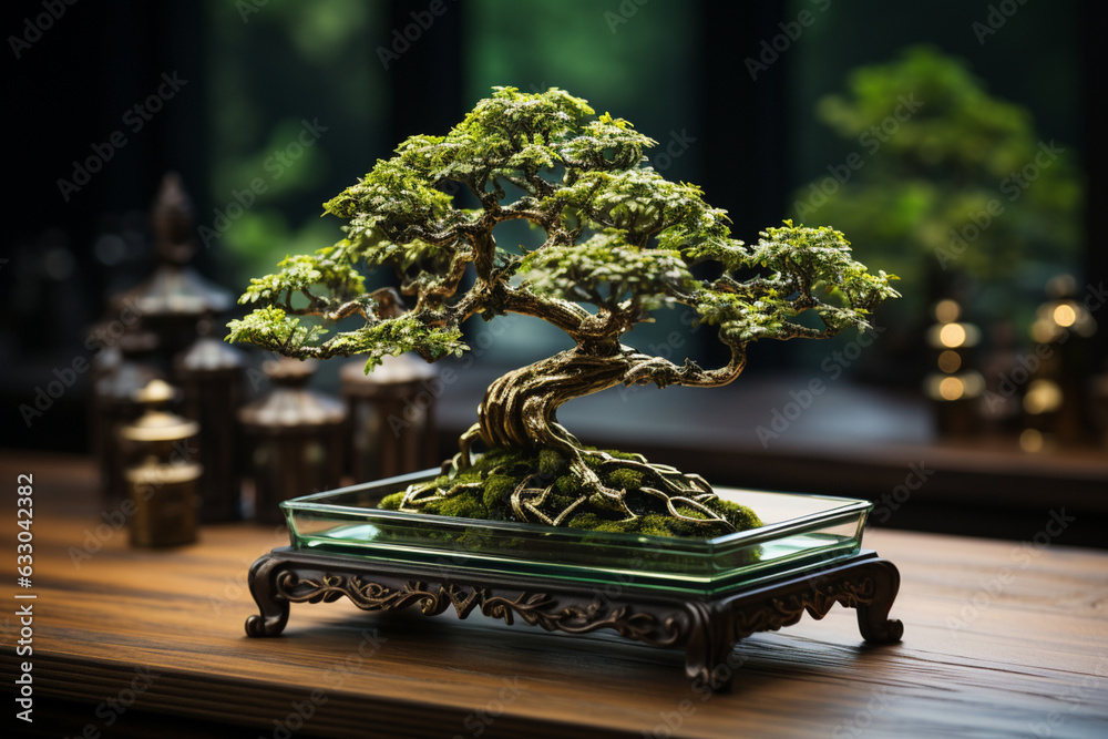 Lush miniature tree on wooden table, bridging nature and interior aesthetics Generative AI Lush miniature tree on wooden table, bridging nature and interior aesthetics Generative AI