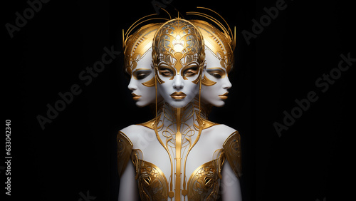 Model Frau Gesicht mit Bodypainting und asiatischen futuristischen goldenen Kopfschmuck, ai generativ photo