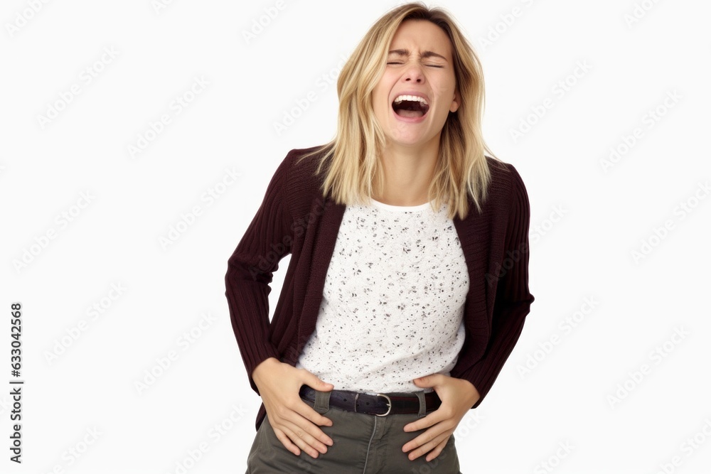 Woman suffering from stomach ache on white background. Health care concept Woman suffering from stomach ache on white background. Health care concept