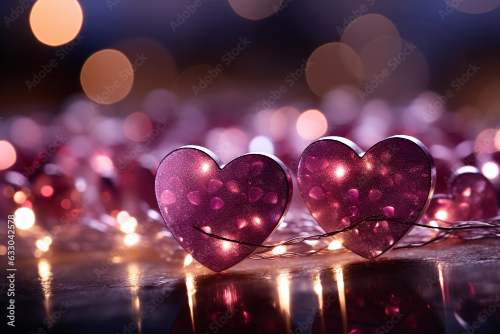 Magenta palette, pink red hearts, sparkling bokeh Valentines day panoramic Generative AI