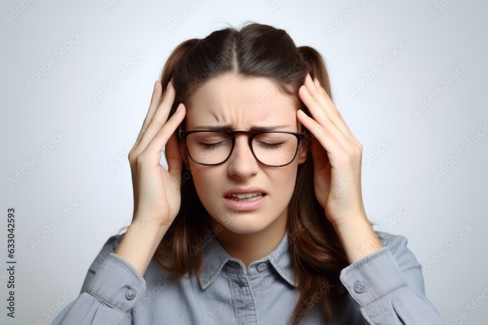 Young woman suffering from headache on grey background. Health care concept. Young woman suffering from headache on grey background. Health care concept.
