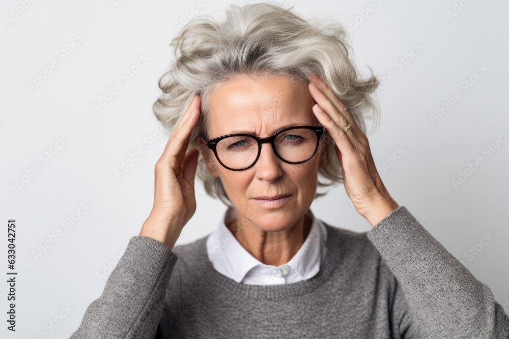 Portrait of senior woman in eyeglasses holding head with hands Portrait of senior woman in eyeglasses holding head with hands