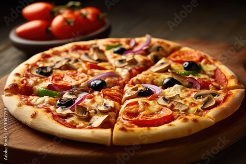 Vertical close up of a pizza with vegetables on a wooden table.