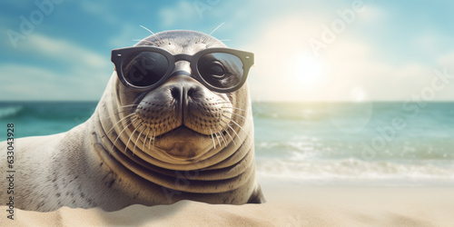 Seal wearing sunglasses on tropical beach background. Generative ai.