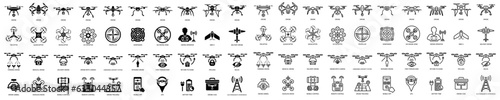 Drone unmanned aerial vehicle glyph icon set. Military and delivery aircraft symbols.