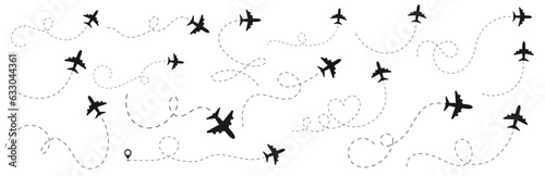 Plane with track set icon vector illustration. Plane route. Airplane path flat style vector icon