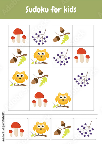 Sudoku for kids. Simplified Sudoku puzzles. Printable worksheets activities preschool education, kindergarten, homeschooling, pedagogical purpose. Logical game. Autumn objects.