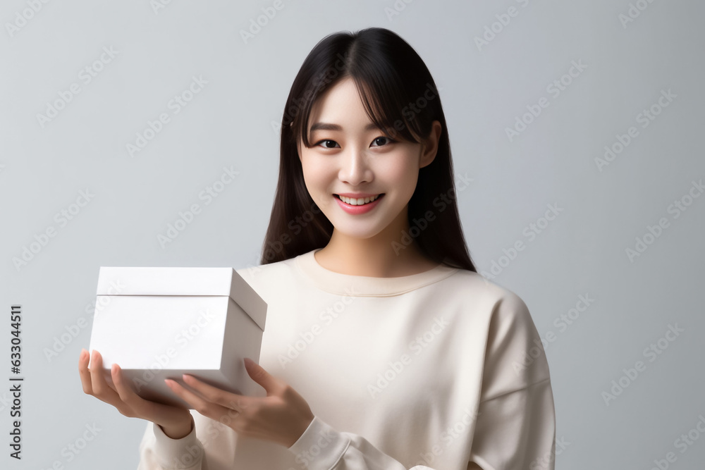 In front of view portrait of woman wearing T-shirt standing with carton box and looking at camera with sweet smile isolated on white gray background. Generative AI. In front of view portrait of woman wearing T-shirt standing with carton box and looking at camera with sweet smile isolated on white gray background. Generative AI.