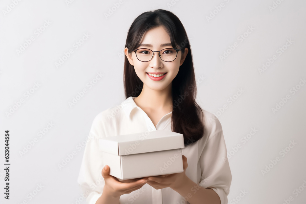 In front of view portrait of woman wearing T-shirt standing with carton box and looking at camera with sweet smile isolated on white gray background. Generative AI. In front of view portrait of woman wearing T-shirt standing with carton box and looking at camera with sweet smile isolated on white gray background. Generative AI.