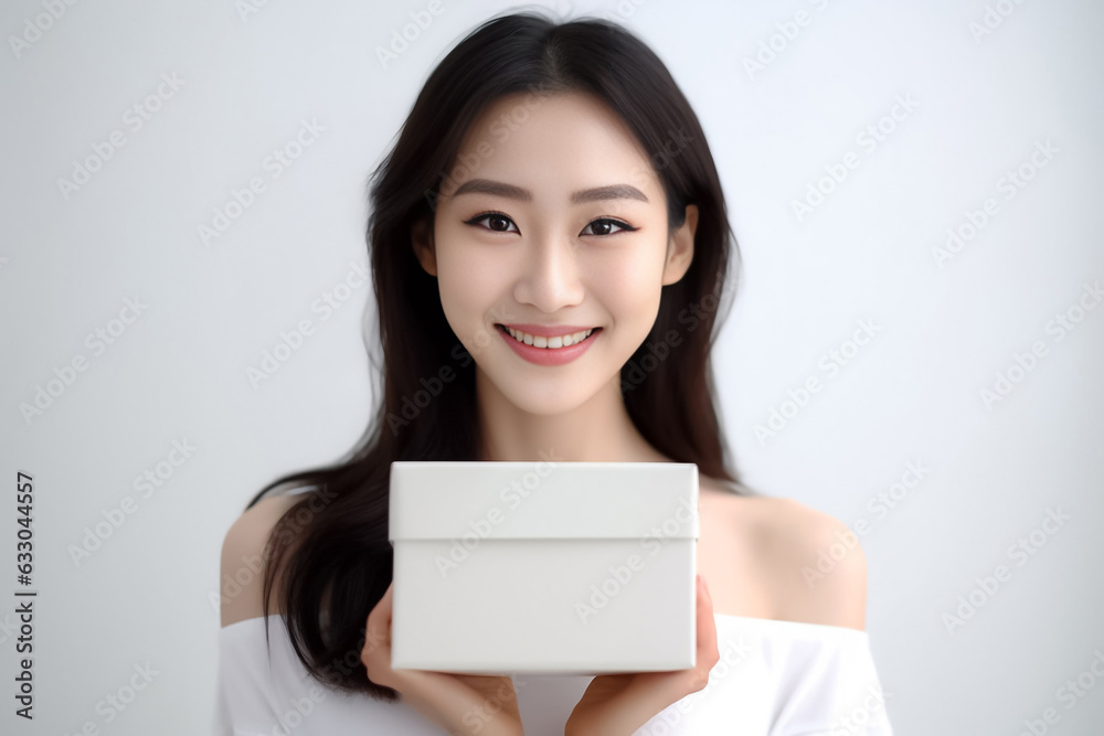 In front of view portrait of woman wearing T-shirt standing with carton box and looking at camera with sweet smile isolated on white gray background. Generative AI. In front of view portrait of woman wearing T-shirt standing with carton box and looking at camera with sweet smile isolated on white gray background. Generative AI.