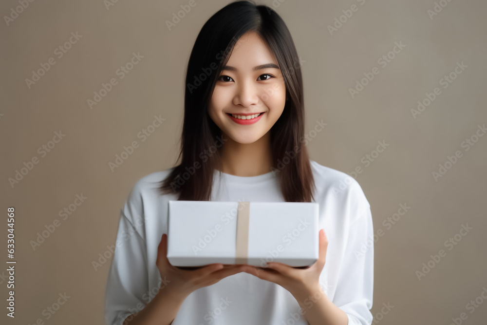 In front of view portrait of woman wearing T-shirt standing with carton box and looking at camera with sweet smile isolated on white gray background. Generative AI. In front of view portrait of woman wearing T-shirt standing with carton box and looking at camera with sweet smile isolated on white gray background. Generative AI.
