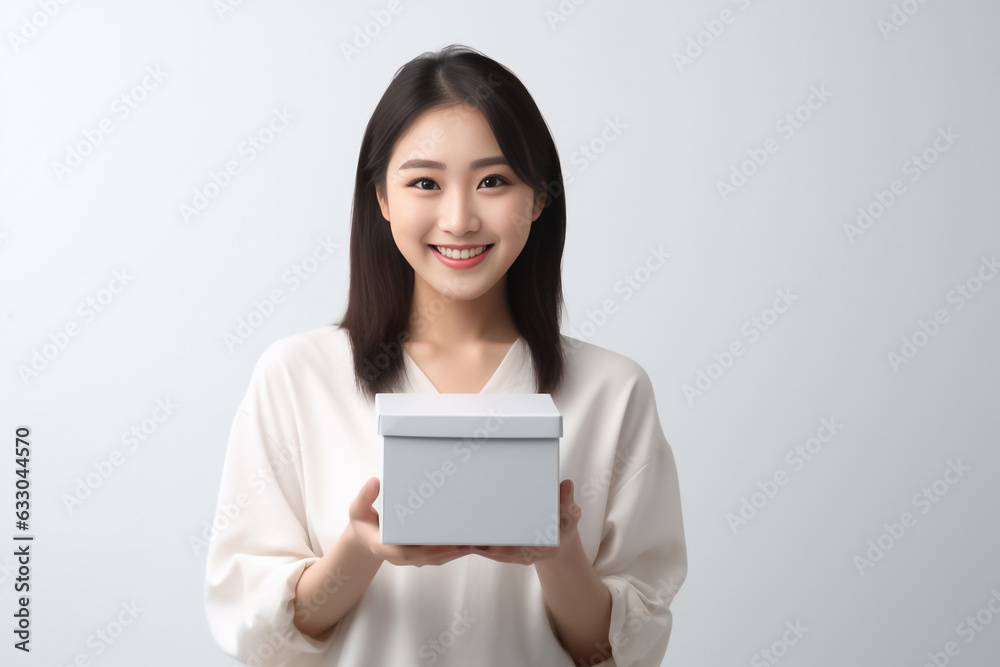 In front of view portrait of woman wearing T-shirt standing with carton box and looking at camera with sweet smile isolated on white gray background. Generative AI. In front of view portrait of woman wearing T-shirt standing with carton box and looking at camera with sweet smile isolated on white gray background. Generative AI.