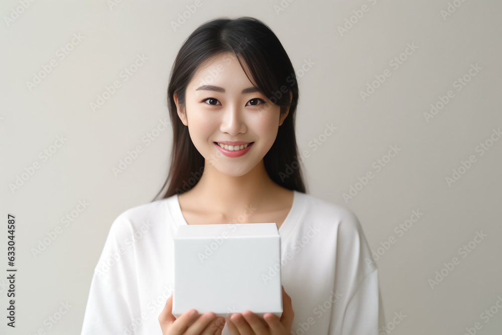 In front of view portrait of woman wearing T-shirt standing with carton box and looking at camera with sweet smile isolated on white gray background. Generative AI. In front of view portrait of woman wearing T-shirt standing with carton box and looking at camera with sweet smile isolated on white gray background. Generative AI.