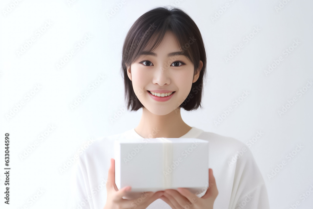 In front of view portrait of woman wearing T-shirt standing with carton box and looking at camera with sweet smile isolated on white gray background. Generative AI. In front of view portrait of woman wearing T-shirt standing with carton box and looking at camera with sweet smile isolated on white gray background. Generative AI.