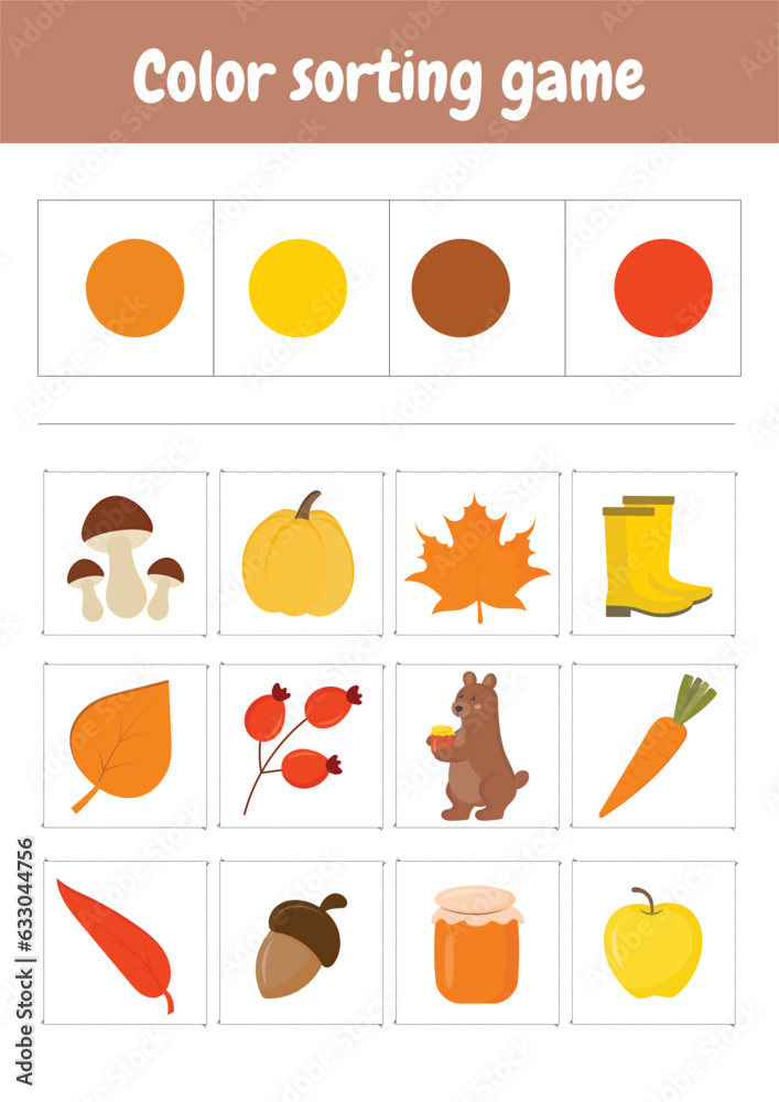 Sort and match objects based on colors. Color sorting logical game. Connect objects to their color groups. Education logic game for children, preschool, kindergarten homeschooling. Autumn objects.