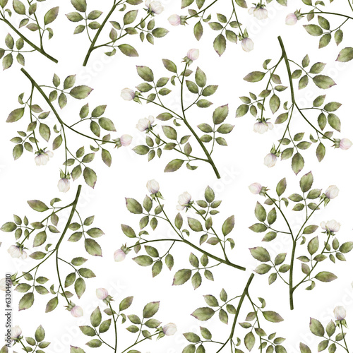 Seamless surface pattern with watercolor green foliage and white-pink roses. Botanical repeatable floral background for home decor  fabrics  textiles  wallpapers  wrapping paper.