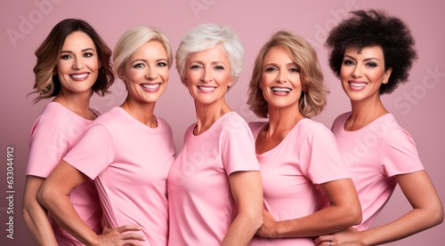 studio shot of a group of smiling women in pink clothes are posing together