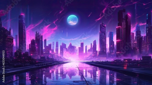 Night city of the future. Over a dark backdrop  a cityscape with dazzling and flashing neon purple and blue lights. Illustration in the cyberpunk and retro wave styles. Illustration of exceptional