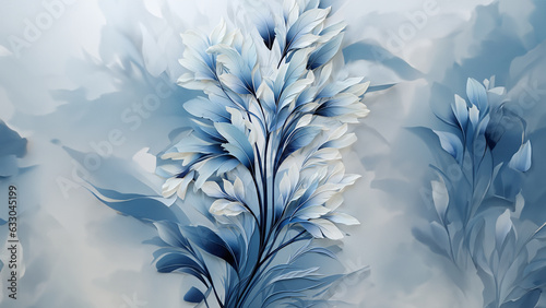 Wandbild mit Blumen und Gräser in Pastell Blau für Tapeten und Hintergrundmotiv als Druckvorlage, ai generativ