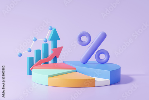 3D chart icon with percentage proportion data analytics optimization growth statistics finance graph business development concept. on purple background. minimal cartoon. 3d render illustration.