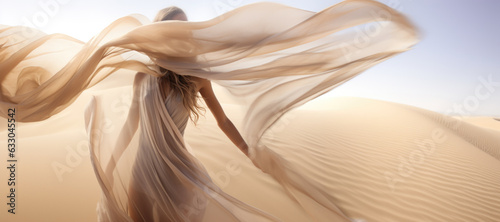 Woman in a long dress walking in the desert with flowing fabric in the wind