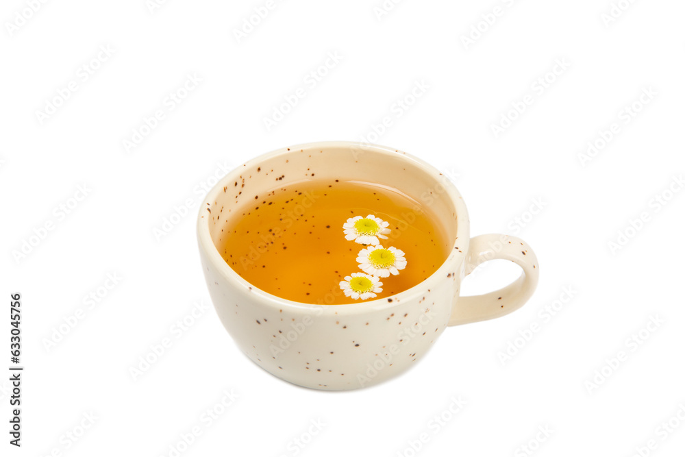 Delicious tonic, soothing and relaxing chamomile tea with chamomile flowers isolated on white background. Herb tea. Delicious tonic, soothing and relaxing chamomile tea with chamomile flowers isolated on white background. Herb tea.