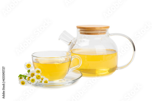 Delicious tonic, soothing and relaxing chamomile tea with chamomile flowers isolated on white background. Herb tea.