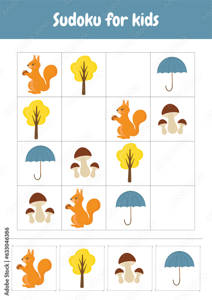 Naklejka premium Sudoku for kids. Simplified Sudoku puzzles. Printable worksheets activities preschool education, kindergarten, homeschooling, pedagogical purpose. Logical game. Autumn objects.