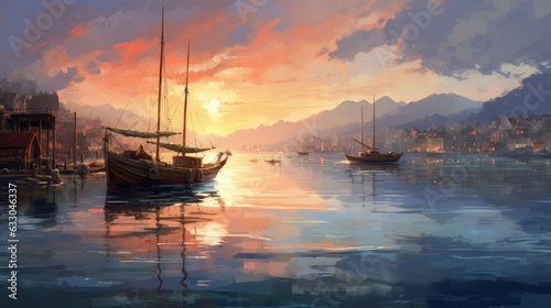 sunset in the harbor. Generative AI © ArtSpree