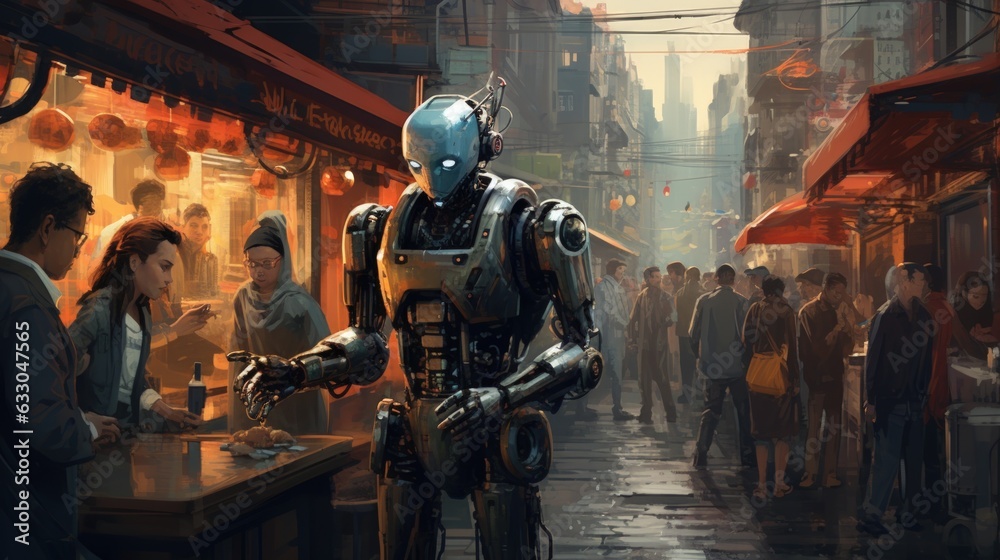robot in the city. Generative AI robot in the city. Generative AI