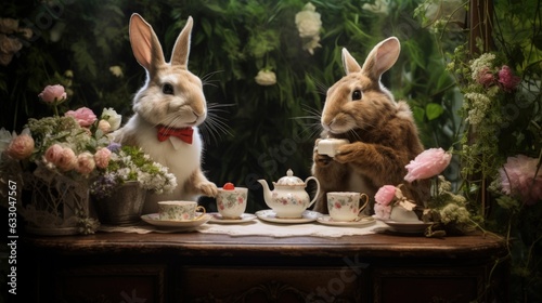 two rabbits in a garden having dinner. Generative AI © ArtSpree