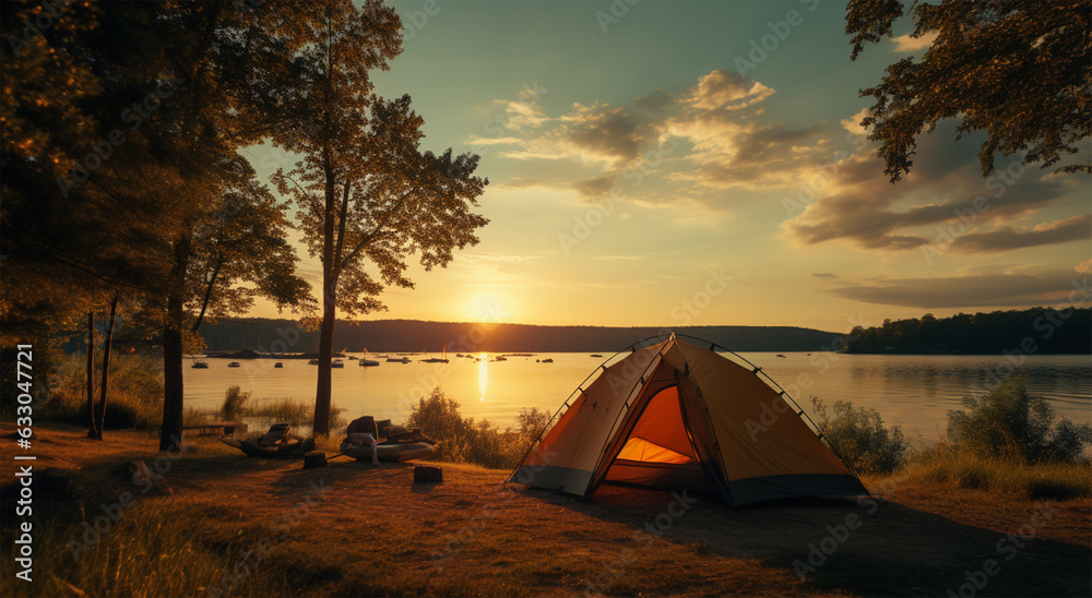 Camping tent on the shore of lake at sunset. Beautiful summer landscape.