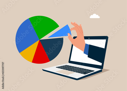 Computer arrange pie chart as to suitable for risk and return. Investment asset allocation and rebalance. Flat vector illustration