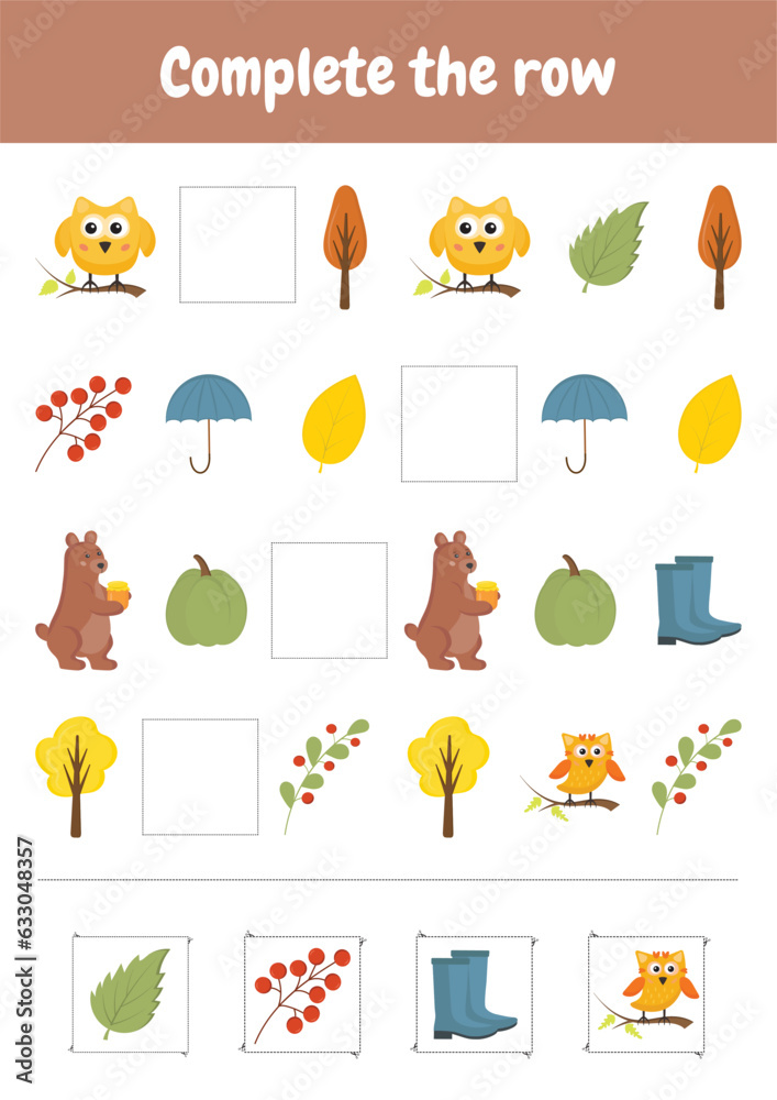 Fototapeta premium Child preschool activity worksheet. Complete the row. What comes next. Education logic game for children, preschool, kindergarten homeschooling. Autumn objects.