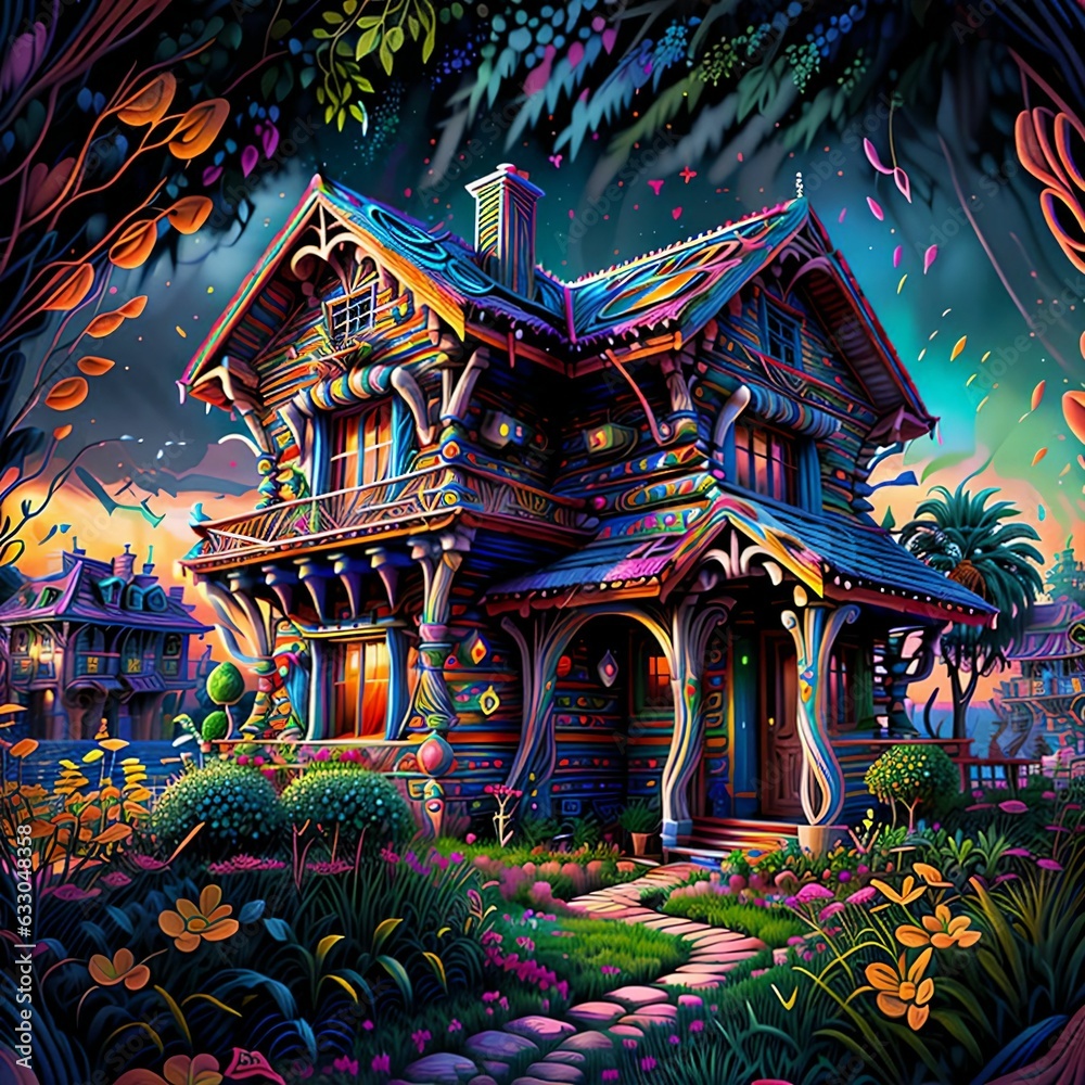 Obraz premium A whimsical generative ai illustration featuring charming gnome houses nestled amongst the lush forest foliage