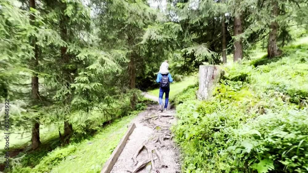 Tourists walking in alpine forest on summer day. Hikers traveler hikking with beautiful forest landscape, Dolomites, Italy Tourists walking in alpine forest on summer day. Hikers traveler hikking with beautiful forest landscape, Dolomites, Italy