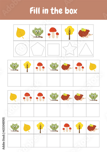 Fill in the box. Decode encode picture. Printable worksheets activities preschool education, kindergarten, homeschooling, pedagogical purpose. Logical game early cognitive development. Autumn objects.