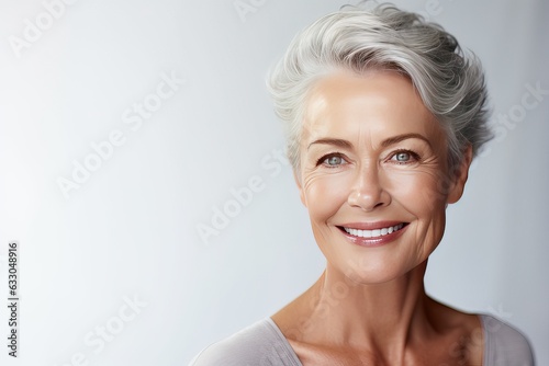 Sensual portrait of a stylish beautiful woman in her 50s. Skin care concept. Luxurious middle-aged woman with a short gray hairdo looks at the camera.