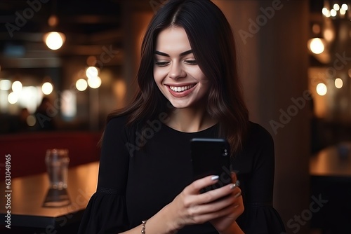 woman talking on mobile phone in restaurant - Close up of young charming dark-haired Caucasian woman in black dress smiling with teeth, looking aside with relaxed expression, chatting with boyfriend
