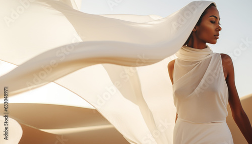 Foto Woman in a long white dress walking in the desert with flowing fabric in the win