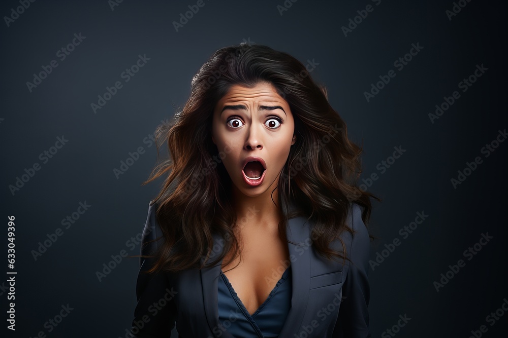 Sad woman in suit screams yell from stress tension problems feels horror hopelessness fear panic surprise shock expresses gestures rage. Business freelancer girl isolated on gray studio background - obrazy, fototapety, plakaty 