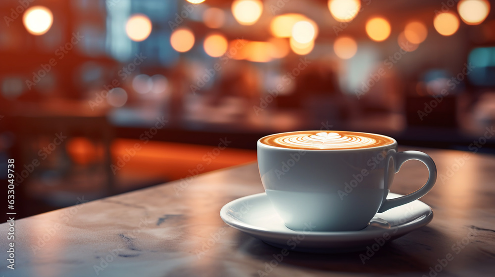 Cup of hot Cappuccino coffee on the table with blur night modern coffee shop background