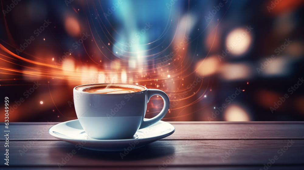 Fototapeta premium Cup of hot Cappuccino coffee on the table with blur night modern coffee shop background