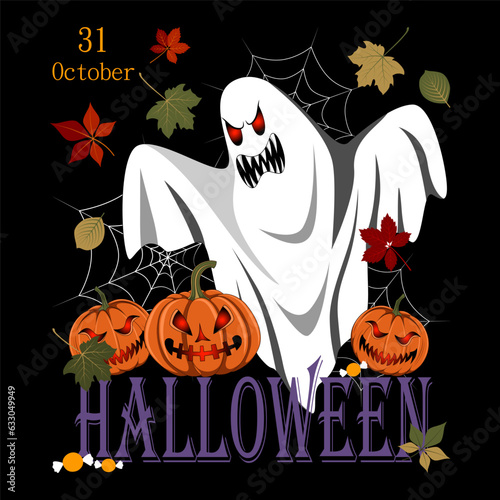 Evil ghost with pumpkins.