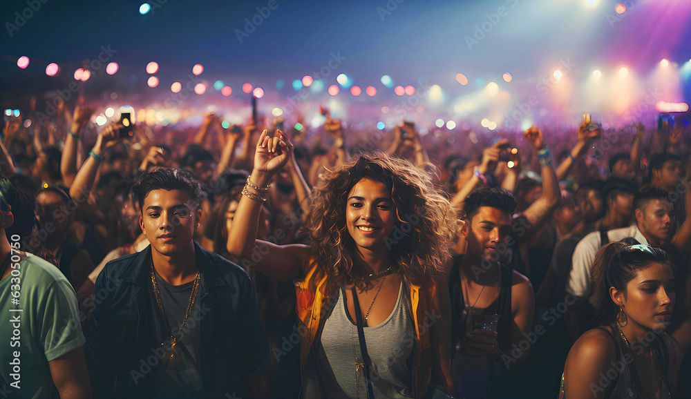 Party and festival, crowd of people with raised hands, concert, bass disco, rave party