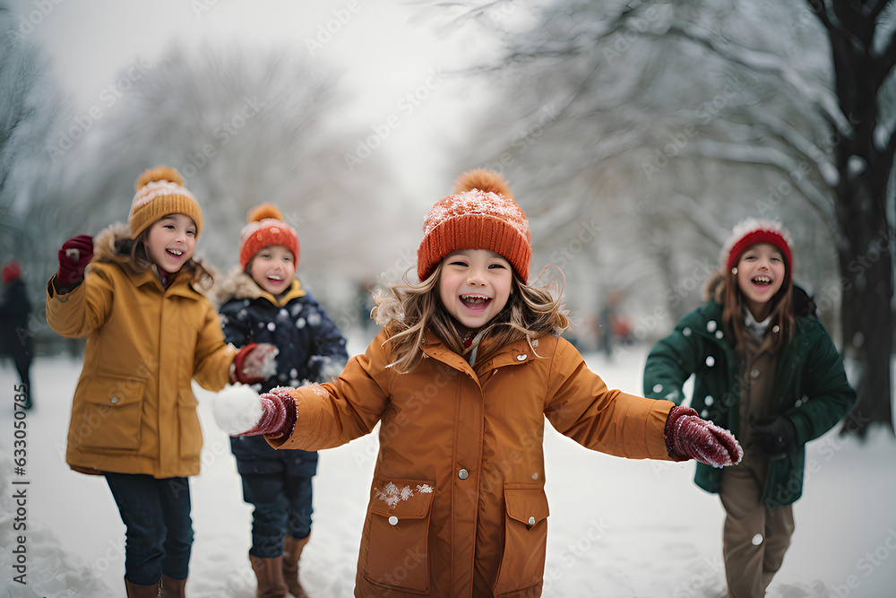 Joyful happy children play in winter, make snowballs, throw at each other Joyful happy children play in winter, make snowballs, throw at each other
