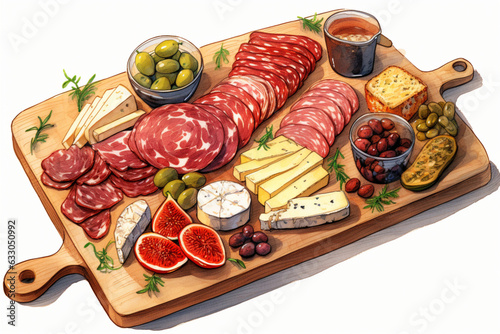 Charcuterie board illustration on white background filled with cheeses, thinly sliced cured meats, nuts, olives and other foods presented as appetizer. Charcuterie and cheese platter for menu or ads