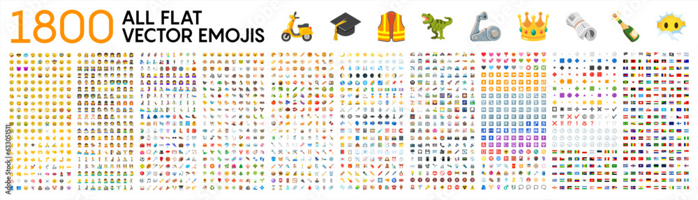 All type of emojis, stickers, emoticons flat vector symbols. All world countries flags, Hands, man, woman, workers, fruit drinks food house, animals, activity, sport icons, collection, vector 10 eps.